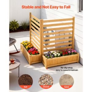 wooden privacy fence, 36 x 45 inch air conditioner fence, 2 slatted panel solid outdoor wood privacy screen with 2 planters, metal stakes, trash can hider fences suitable for garden, pool