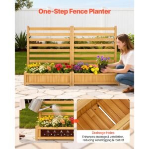 wooden privacy fence, 36 x 45 inch air conditioner fence, 2 slatted panel solid outdoor wood privacy screen with 2 planters, metal stakes, trash can hider fences suitable for garden, pool