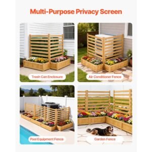 wooden privacy fence, 36 x 45 inch air conditioner fence, 2 slatted panel solid outdoor wood privacy screen with 2 planters, metal stakes, trash can hider fences suitable for garden, pool