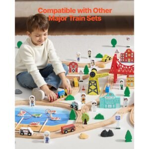 wooden train set, 39pcs, wood train track with magnetic trains and railway accessories, compatible with major brands, small town, christmas birthday toy for kids toddlers ages 3 8 boys and girls