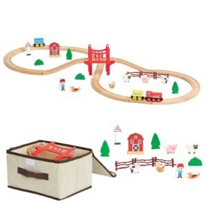 Wooden Train Set, 39PCS, Wood Train Track with Magnetic Trains and Railway Accessories, Compatible with Major Brands, Small Town, Christmas Birthday Toy for Kids Toddlers Ages 3-8 Boys and Girls