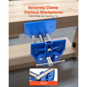woodworking vise, 7 inch jaw width, quick release wood bench vise, 8 inch max jaw opening, heavy duty cast iron construction, workbench vice with adjustable front stop, for woodworking drilling