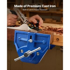 woodworking vise, 7 inch jaw width, quick release wood bench vise, 8 inch max jaw opening, heavy duty cast iron construction, workbench vice with adjustable front stop, for woodworking drilling