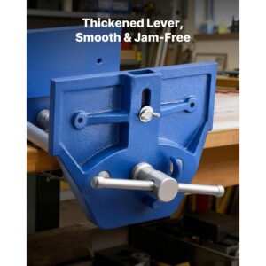 woodworking vise, 7 inch jaw width, quick release wood bench vise, 8 inch max jaw opening, heavy duty cast iron construction, workbench vice with adjustable front stop, for woodworking drilling
