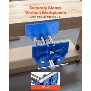 woodworking vise, 9 inch jaw width, quick release wood bench vise, 10.2 inch max jaw opening, heavy duty cast iron construction, adjustable front stop, workbench vice, for woodworking drilling