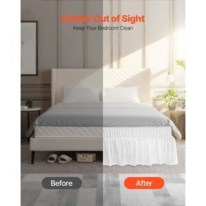 wrap around bed skirt, 15 in drop, white dust ruffle queen size, three sides adjustable bedskirt with easy fit elastic strap, wrinkle free & fade resistant, machine washable, for queen size bed