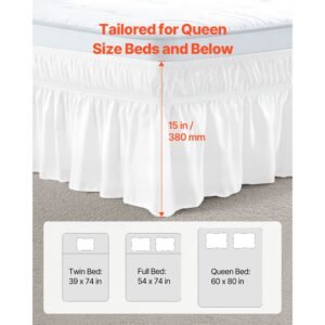 wrap around bed skirt, 15 in drop, white dust ruffle queen size, three sides adjustable bedskirt with easy fit elastic strap, wrinkle free & fade resistant, machine washable, for queen size bed