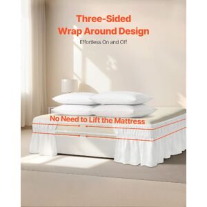 wrap around bed skirt, 15 in drop, white dust ruffle queen size, three sides adjustable bedskirt with easy fit elastic strap, wrinkle free & fade resistant, machine washable, for queen size bed