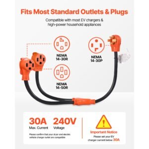 y splitter adapter, 30 amp, 4 prong outlet 240 volt dryer to ev charger adapter, nema 14 30p to 14 30r/14 50r, with grip handle, heavy duty 10 awg stw wire, for ev charger dryer rv