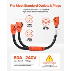 y splitter adapter cord, 50 amp nema 14 50, 4 prong 240v splitter for rv and ev, nema 14 50p to dual 14 50r outlets with grip handle, heavy duty 6/3+8/1 stw wire, outdoor rv power extension cord