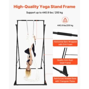 yoga stand frame, max 440.9 lbs load swing stand, triangular structure aerial rig, aerial silk stands with eva foam & 6.6 yard yoga hammock, 4 level horizontal & 6 level vertical adjustment