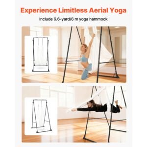 yoga stand frame, max 440.9 lbs load swing stand, triangular structure aerial rig, aerial silk stands with eva foam & 6.6 yard yoga hammock, 4 level horizontal & 6 level vertical adjustment