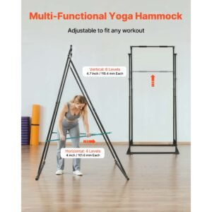 yoga stand frame, max 440.9 lbs load swing stand, triangular structure aerial rig, aerial silk stands with eva foam & 6.6 yard yoga hammock, 4 level horizontal & 6 level vertical adjustment