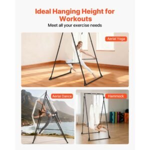 yoga stand frame, max 440.9 lbs load swing stand, triangular structure aerial rig, aerial silk stands with eva foam & 6.6 yard yoga hammock, 4 level horizontal & 6 level vertical adjustment