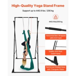 yoga stand frame, max 440.9 lbs load swing stand, triangular structure pull up stands, aerial silk stands with eva foam & 6.6 yard yoga hammock, 4 level horizontal & 6 level vertical adjustment