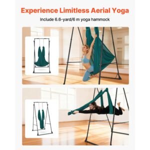 yoga stand frame, max 440.9 lbs load swing stand, triangular structure pull up stands, aerial silk stands with eva foam & 6.6 yard yoga hammock, 4 level horizontal & 6 level vertical adjustment