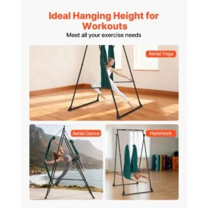 yoga stand frame, max 440.9 lbs load swing stand, triangular structure pull up stands, aerial silk stands with eva foam & 6.6 yard yoga hammock, 4 level horizontal & 6 level vertical adjustment